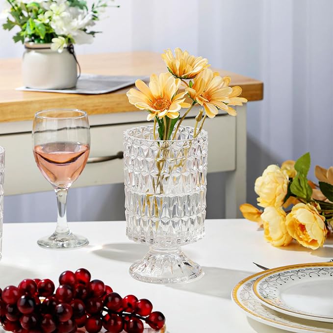 VanEnjoy Pedestal Base Glass Vase Wide Mouth vases for Flowers, Embossed Flower Vase Decorative for Home Office Wedding Holiday Party - 9 inches Diamond
