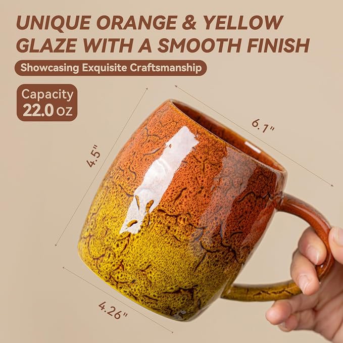 Handmade 22oz Ceramic Coffee Mug, Ergonomic Large Handle, Ideal Gift for Coffee Lovers, Microwave & Dishwasher Safe (Bas-Relief - Orange&Yellow)