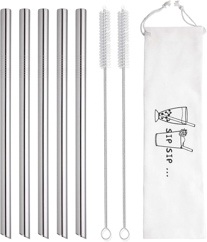 [Angled Tips] 5 Pcs 10" Reusable Bubble Tea Straws & Smoothie Straws, 0.5" Wide Stainless Steel Straw, Metal Straw for Boba, Tapioca Pearl, Milkshakes, Jumbo Drinks | 2 Cleaning Brushes