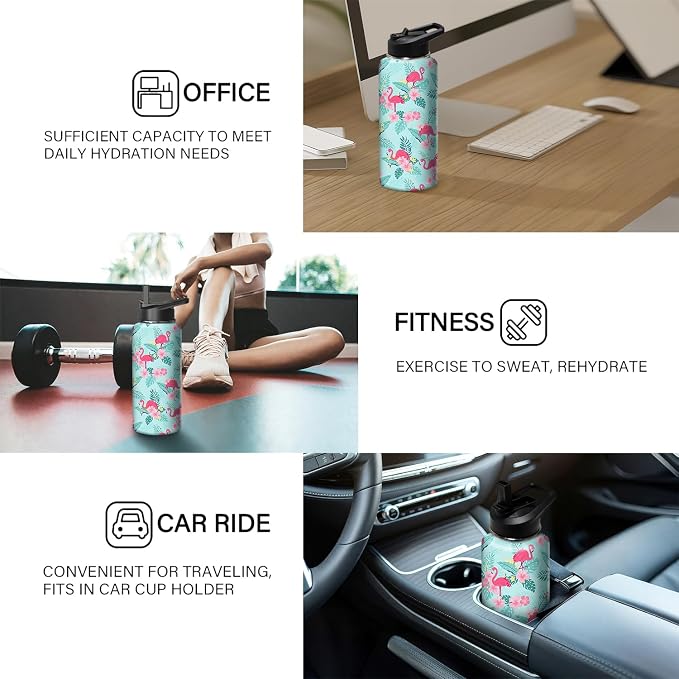 32oz Flamingo Water Bottle with Handle and Flip Straw, Animal Sports Stainless Steel Insulated Cup Travel Coffee Mug Tumbler, Birthday Mothers Day Chritmas Gifts for Women