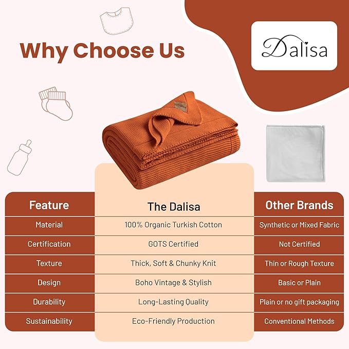 Dalisa 100% Organic Turkish Cotton Throw Blanket - GOTS Certified, Cozy - Perfect for Couch, Bed, and Home Decor - Boho Vintage Knit Alina (Harvest Pumpkin, 60x80)