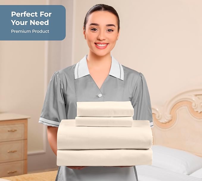 ROYALE LINENS 100% Organic Cotton King Sheet Set - Percale Weave - 4 Pieces Set - 1 Flat, 1 Deep Pocket Fitted Sheet and 2 Pillowcases - Cream Bed Sheets - Sábanas King - Crisp Cool (Cream)