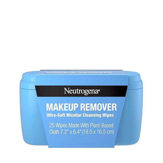 Neutrogena Makeup Remover Wipes, Daily Ultra-Soft Micellar Cleansing Wipes Gently Re-move Oil & Makeup with No Heavy Residue, formulated without alcohol & Made with Plant-Based Cloth, 25 Ct with Case