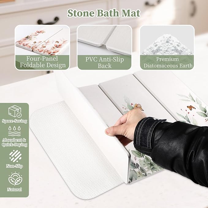 Large Stone Dish Drying Mat for Kitchen Counter, 24"×16" Quick Dry Dishes Mats, Foldable Diatomaceous Earth Drying Organizer Pad Water Absorbing for Plate Bottles Utensils