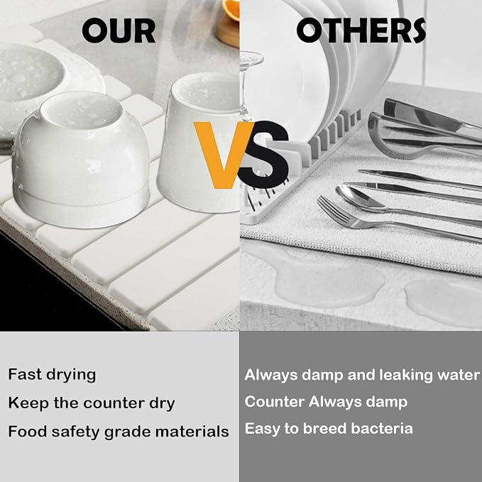 Large Stone Dish Drying Mat for Kitchen Counter, 24"(L)x16"(W) Quick Dry Eco-Friendly Collapsible Absorbent Diatomaceous Earth Mats for Dishes Bottles Cups, Match Any Countertop