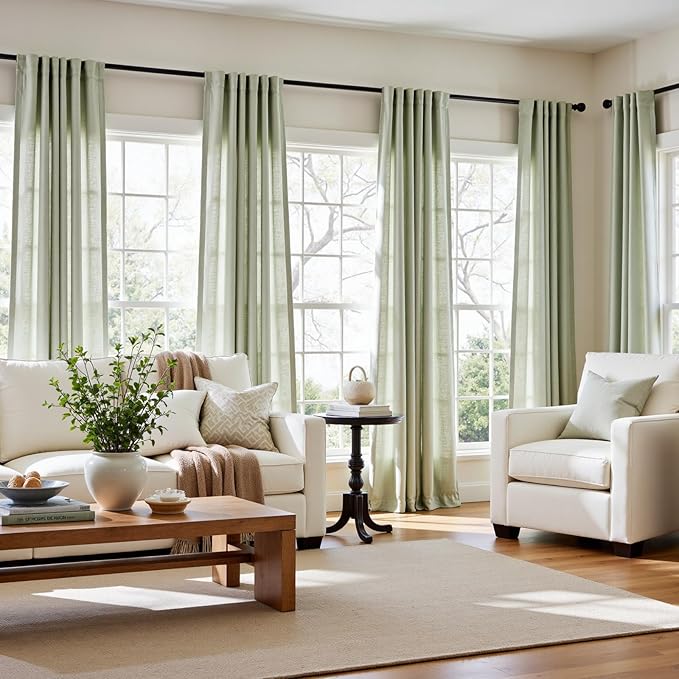 jinchan Linen Blend Curtains 90 inch Length 2 Panels for Bedroom Living Room, Light Filtering 50 inch Wide Farmhouse Drapes with Rod Pocket Back Tab(50W x 90L, Light Green)