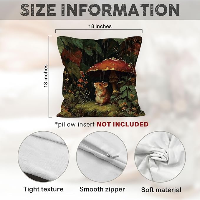 Rat Mouse Mushroom Throw Pillow Cover Gifts 18x18, Dark Academia Cottagecore Decor Pillow Cases for Bedroom Living Room, Vintage Moody Forest Decorative Square Pillowcases for Couch Bed Sofa