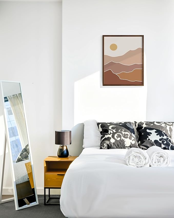Abstract Mountain Landscape Wall Art Sun Rolling Hills Earth Tones Terracotta Mid Century Modern 16x20 Inch Oak Wood Walnut Framed Minimalist Scenery Print for Nursery Decor