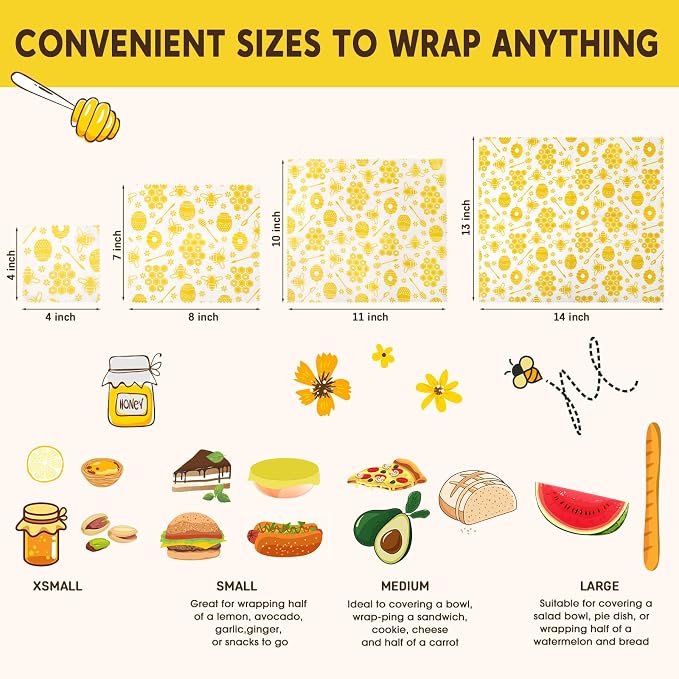 Reusable Beeswax Food Wraps, 9 Pack - Assorted Sizes (XS,S, M, L) | Organic Cotton, Eco Friendly, Plastic Free | Honeycomb Design (Orange)