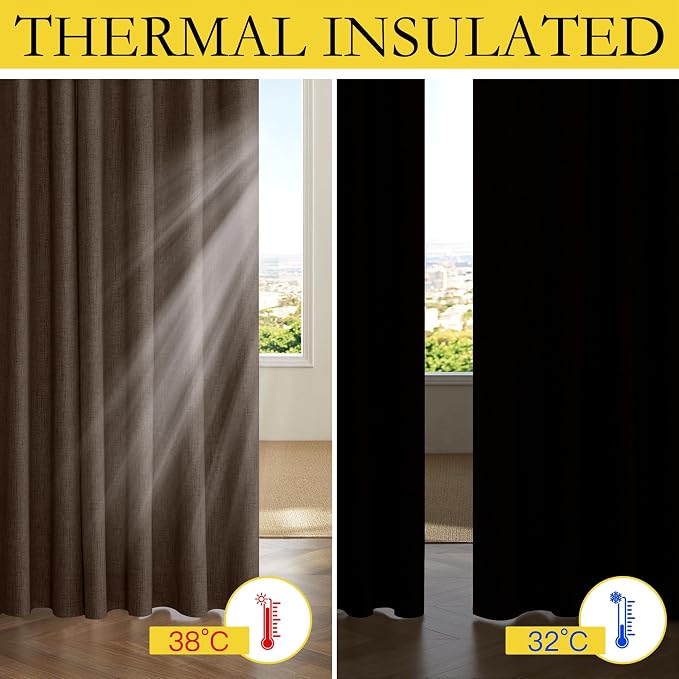 NICETOWN 100% Blackout Brown Curtains for Living Room, 52" Wide Per Panel, Set of 2, Linen Blend Thermal Insulated Curtains 84" Long, Noise Reducing Window Treatment Drapes for Home Cinema