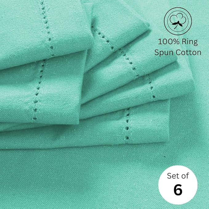 Hemstitch Dinner Napkins 100% Cotton Set of 6 - for Dining Weddings Parties Holidays Easter Everyday Use - Soft Durable Washable Table Napkins - 18x18 Inch Cloth Napkins Turquoise Blue