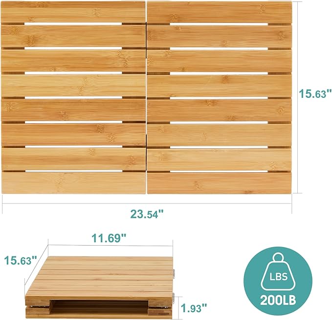 Waterproof Bamboo Bath Mat for Shower, Wooden Floor Mat for Bathroom, Foldable | Non-Slip | Heavy Duty, Shower Mat for Indoor Outdoor, 23.54in x 15.63in
