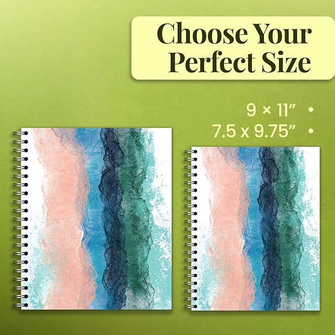Large Spiral Bound Recycled Notebook, Watercolor Design, 11" x 9", 70 Sheets, Double-Wire, College Ruled, Vegan, Made in USA