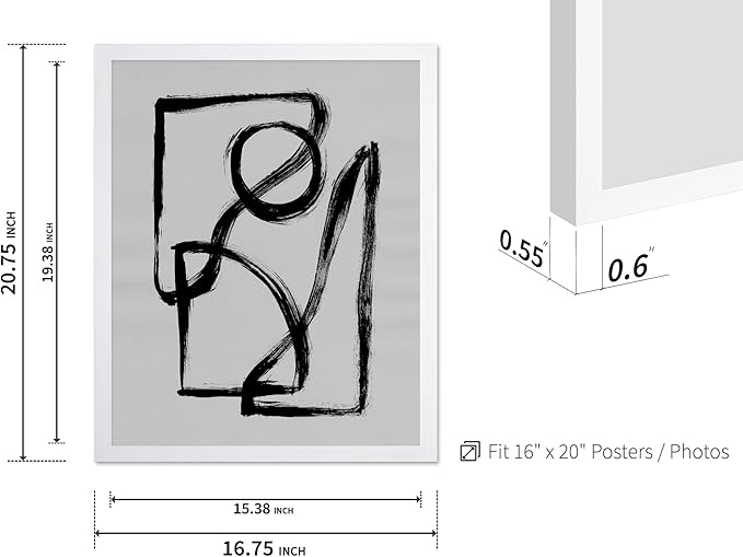 Monem Art Black and White Abstract Line Art Print - Minimalist Monochrome Brushstroke Art Poster - Wall Decor for Living Room, Bedroom or Office - 16x20 White Framed Wall Art by Mareike Bohmer
