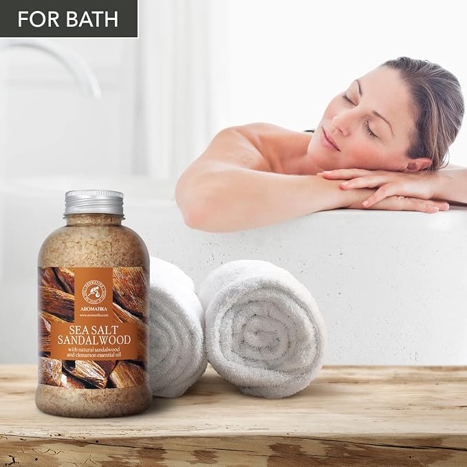Bath Salts Sandalwood 21.16 Oz - Natural Sandalwood & Cinnamon Essential Oil - Sea Salt - Best for Bath - Good Sleep - Relaxing - Body Care - Beauty