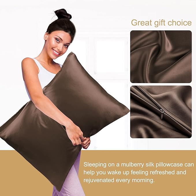 uxcell 1 Pack 100% Charmeuse Pure Silk Pillowcase for Hair and Skin, 350TC 19 Momme Soft Breathable Pillow Case with Hidden Zipper, Coffee Standard(20x26inch)
