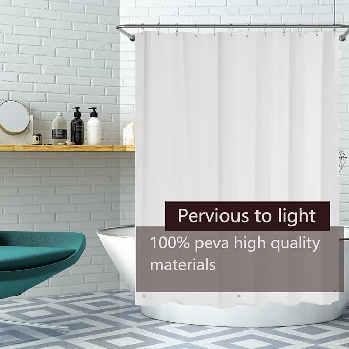 TIKABC Shower Curtain Liner, 4G PEVA Shower Liner, Plastic Waterproof Shower Curtains, with Grommet Holes and 3 Magnetic Weights(White)