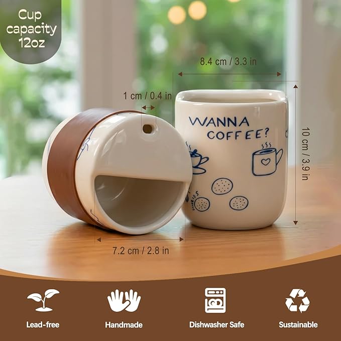 Ceramic Travel Mug with Half Lid, Funny Blue Pattern Ceramic Coffee Mug with Sip Hole, 12oz Ceramic To Go Cup, Unique Gift for Coffee Tea Lovers