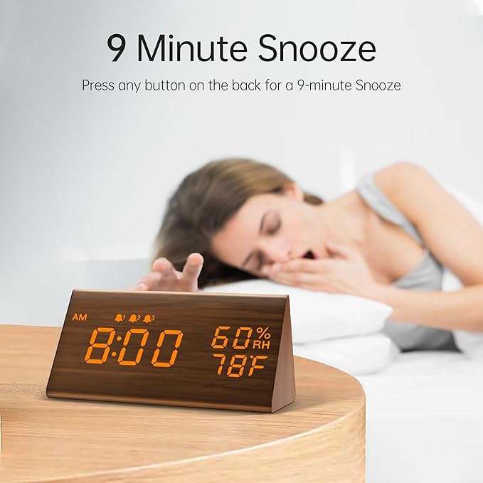 JALL Wooden Digital Alarm Clock for Bedroom, 3 Alarms with Large Numbers, Humidity and Temperature Display, 6-Level Dimmer, Snooze, Loud Desk Clock for Heavy Sleepers, Plug in (Brown)