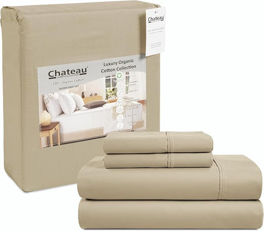 100% Organic Cotton King Bed Sheets Set - Luxury Sateen Weave 300 TC 4 Piece Deep Pocket King Sheets Fits Upto 17", GOTS Certified Naturally Cool Soft Breathable & Comfy Sheet & Pillowcase Sets,- Tan