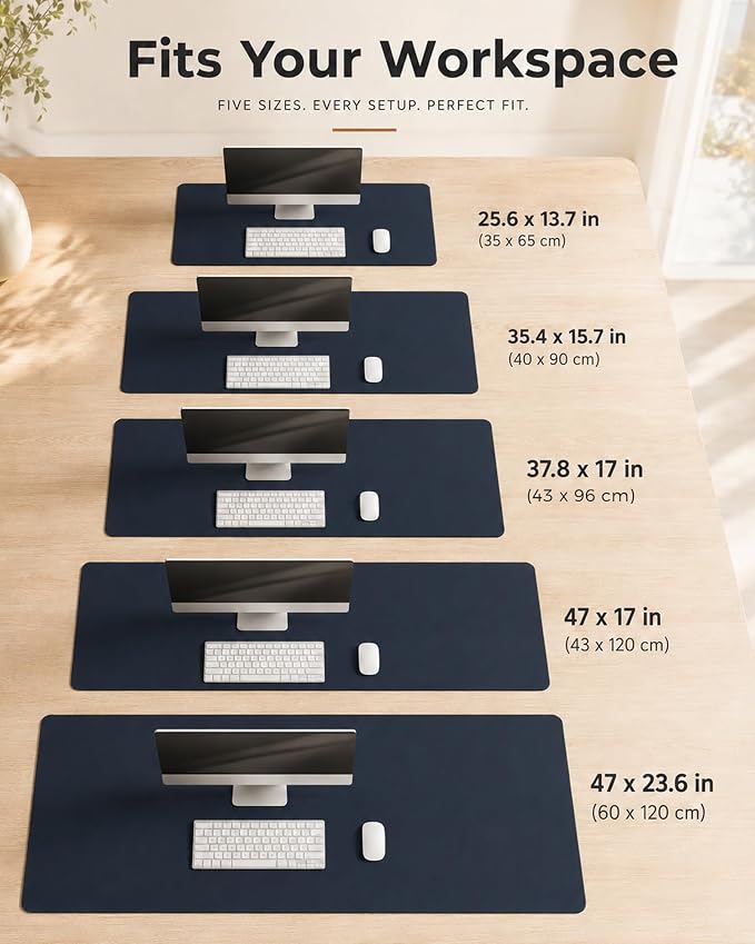 Aothia Dual-Sided Desk Mat, FSC Cork & PU Leather Desk Pad, Large Mouse Pad & Writing Surface for Compact Workspace, Non-Slip Waterproof Desk Protector - 25.6" x 13.7", Dark Blue