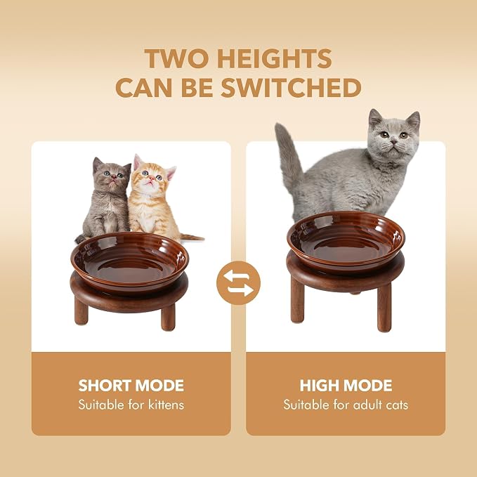 Havniva Elevated Cat Bowls Raised Ceramic Cat Bowl, 5.7” Wide Opening Cat Food Bowl Whisker Friendly Cat Dish Anti-Slip with Wood Stand, Shallow Pet Food & Water Bowl for Indoor Cats