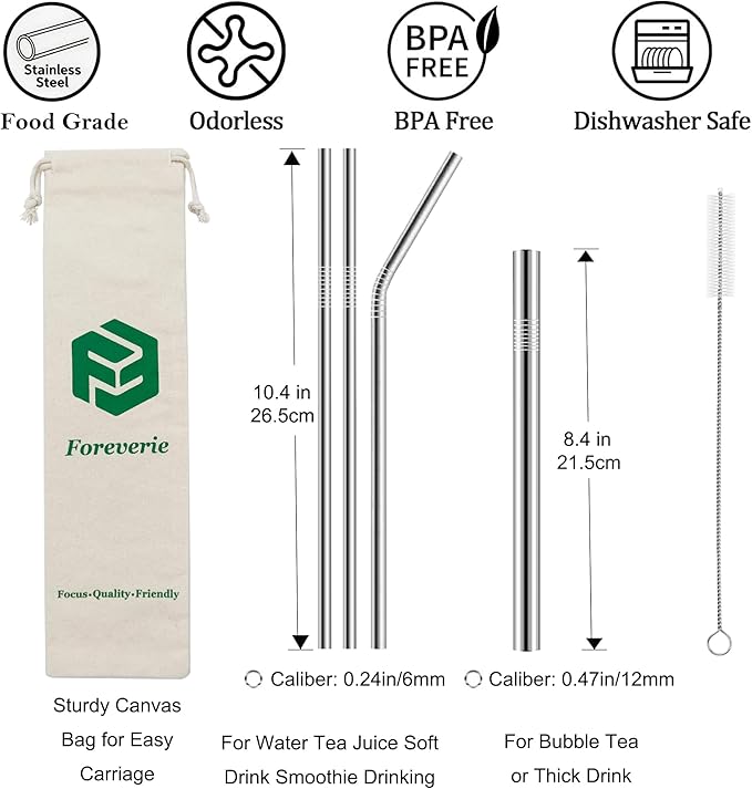 Metal Stainless Steel Drinking Straws Reusable for 20 to 30 OZ Tumbler, Set of 6 Incl. 2 Straight 1 Bent & 1 Jumbo Smoothie Straws with 1 Cleaning Brush & 1 Branded Sturdy Canvas Bag