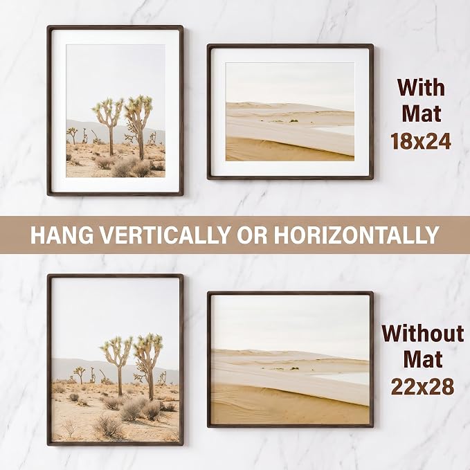 Fun Memories 22x28 Poster Frame, Natural Wenge Wood Picture Frame with HD Tempered Glass, Handcrafted Rounded Corner 22 x 28 Wooden Frames Matted to 18x24 Photos, Horizontal or Vertical Wall Display