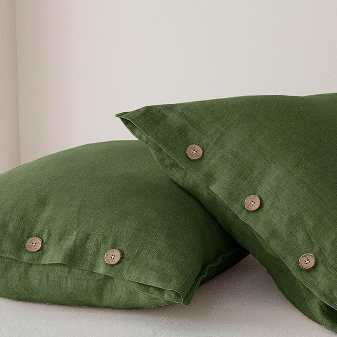 EVERLY 100% Linen Pillowcases Set of 2, French Linen from Normandy, 20X30Inch Standard Size, Natural Color, Coconut Buttons Closure, Flax Pillowshams-Pillowcase-Mossy Green