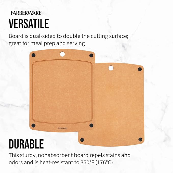 Farberware 11x14 Inch Wood Fiber Cutting Board, Dual-Sided, Knife Friendly, Non-Slip Corners, Juice Groove, Heat Resistant, Dishwasher Safe, Durable Prep Surface for Chopping and Slicing