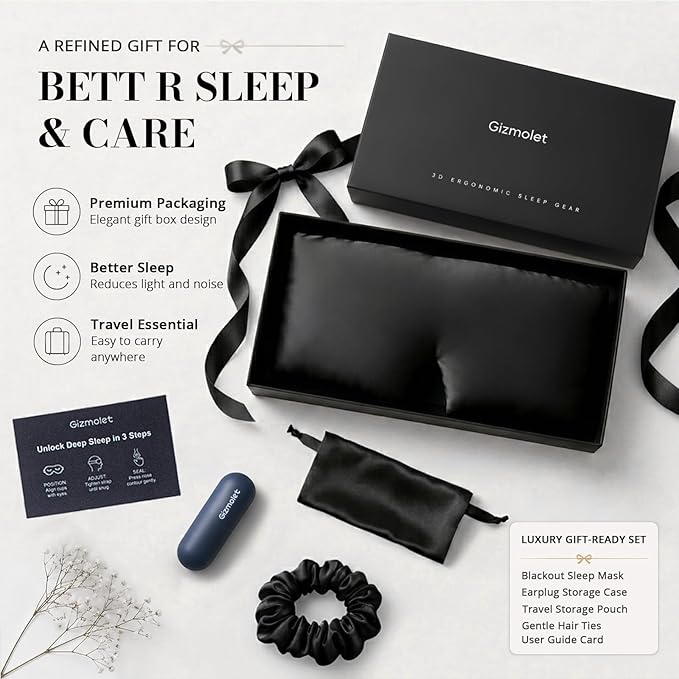 22 Momme Pure Mulberry Silk Sleep Mask, 3D Contoured Cup Eye Mask for Sleeping, Super Soft Breathable Blindfold with Adjustable Strap, Perfect Blocks Light for All Night Sleep, Black