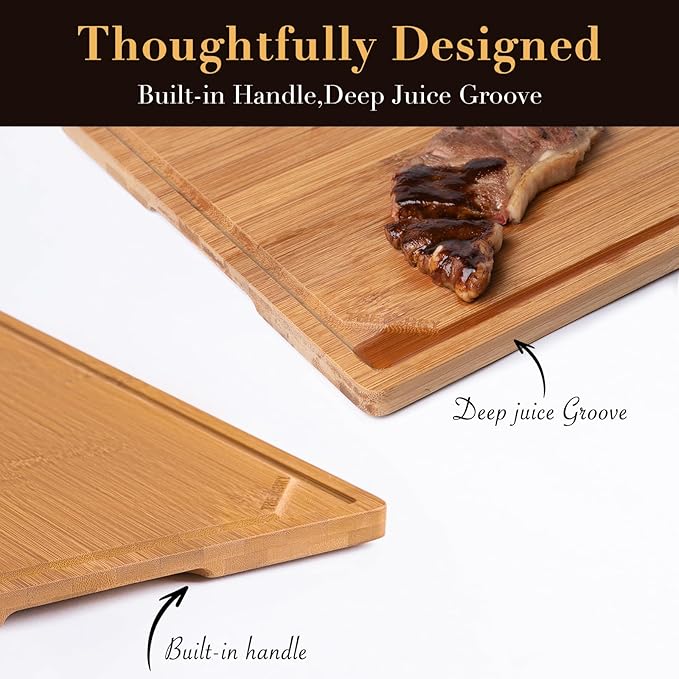 THETCHRY Wood Cutting Board for Kitchen,Non-slip Bamboo Cutting Board with Juice Groove & Handle,Charcuterie Chopping Board for Meat, Perfect Size for Prep & Serving,16.5''Lx11.6''Wx0.6''TH