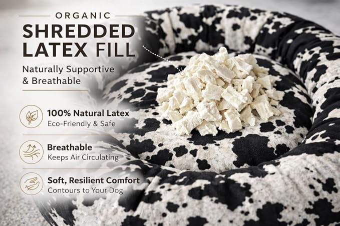 Round Dog Bed – Natural Canvas, Removable Washable Cover, Raw Cotton or Latex Fill, Hypoallergenic Non-Toxic, Made in USA (Cow Print Black White, Medium, Soft Comfort – Organic Latex)
