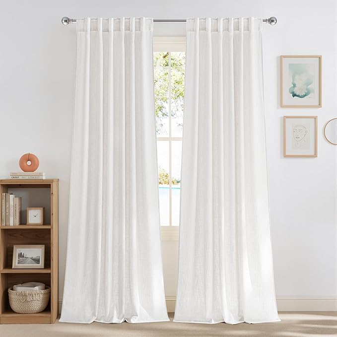NICETOWN Faux Linen Curtains 84 inch Long 2 Panels Set for Bedroom/Living Room, 55" Wide Snow Wihte Thick Flax Linen Privacy Window Drapes Rod Pocket & Back Tab with Light Filtering, W55 x L84