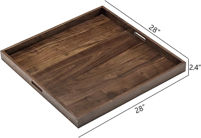 28 x 28 inches King Sized Square Ottoman Table Tray, Oversized Solid Wooden Black Walnut Decorative Serving Tray with Handles, Extra Large Cube Platter for Bed Oversized Ottoman