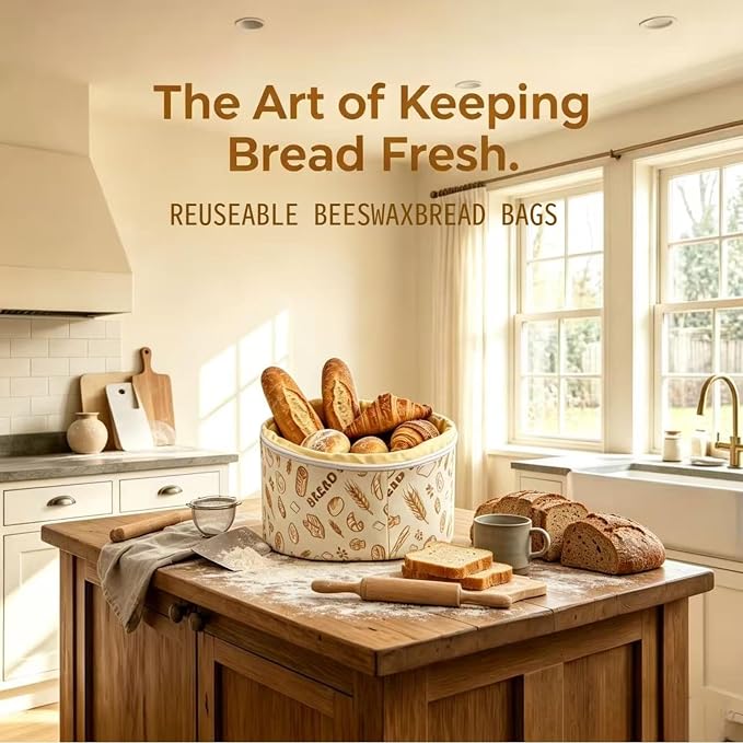 Organic Cotton Beeswax Bread Bags 9.8" x 6.Cotton Wash. Reus. Eco | Natural beeswax locks in freshness. Large reusable round Bread Bags for homemade sourdough. Organic cotton, freezer-safe