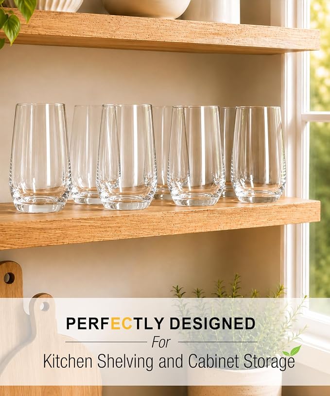 LUNA & MANTHA Drinking Water Glasses Set, Lead-Free Crystal Highball Glass, Tall Glass Cups for Cocktail Parties,Clear set of 6,16.2oz
