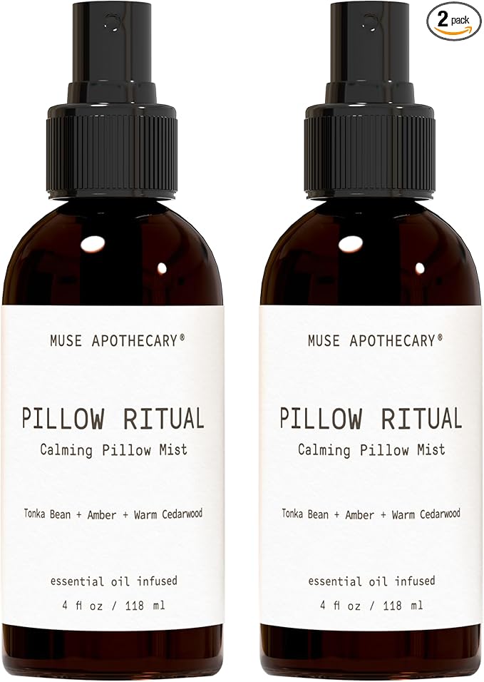 Muse Apothecary Pillow Ritual - Aromatic, Calming and Relaxing Pillow Mist, Linen and Fabric Spray - Infused with Aromatherapy Essential Oils - 4 oz, Tonka Bean + Amber + Warm Cedarwood, 2 Pack