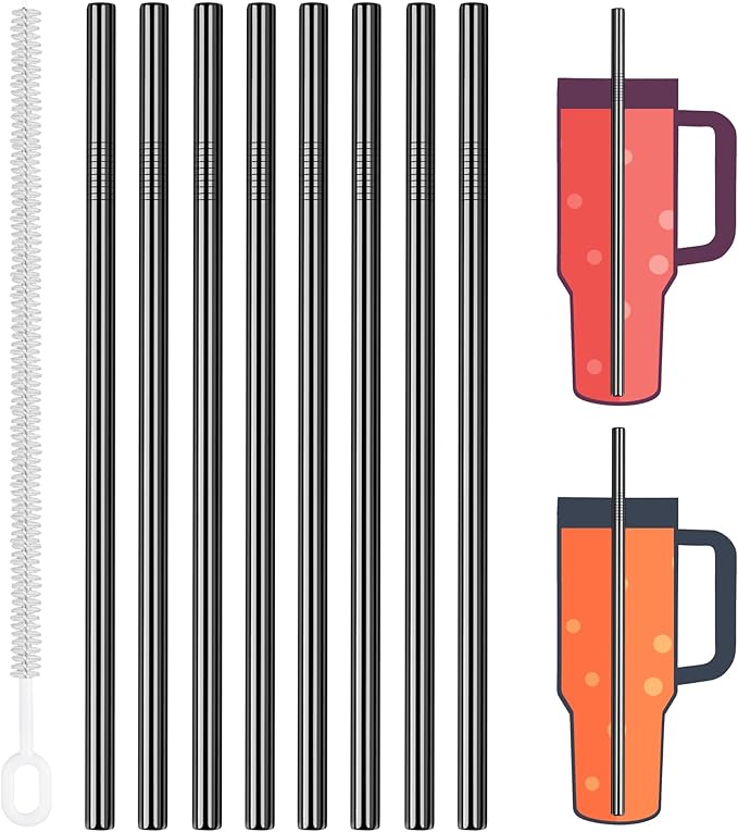 Tomorotec 8-Pack Stainless Steel Straws Fit for Stanley Tumbler 40oz, 12" Metal Straws Fit for Stanley Cup with Brush, Reusable Drinking Straws for Smoothies, Dishwasher Safe and BPA-Free (Black)