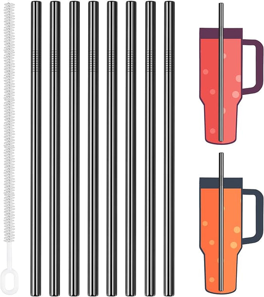Tomorotec 8-Pack Stainless Steel Straws Fit for Stanley Tumbler 40oz, 12" Metal Straws Fit for Stanley Cup with Brush, Reusable Drinking Straws for Smoothies, Dishwasher Safe and BPA-Free (Black)