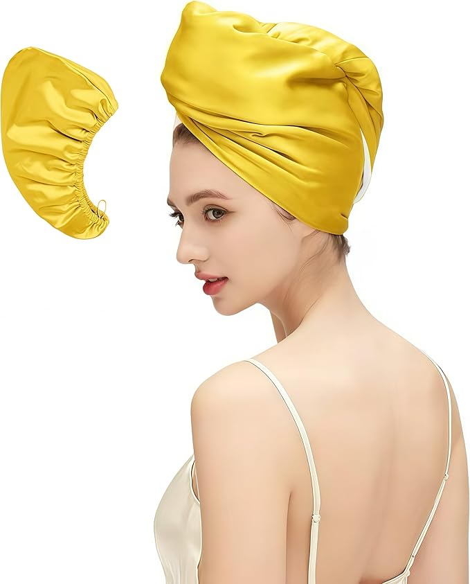 Satin Microfiber Hair Towel Wrap for Quick Drying & Anti-Frizz - Super Absorbent, Hair Turbans for Wet Hair, Ideal for Long, Short, Curly Hair (Gold)