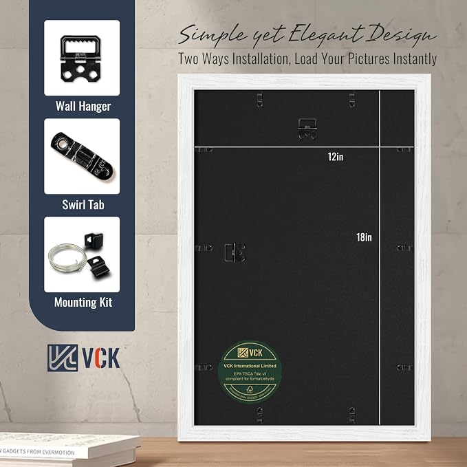 VCK 12x18 Picture Frames White 3 Pack, Wide Border Wood, Tempered Glass, Display 11x17 Photo with Mat or 12 x 18 without, for Home, Office, Gallery, Woodgrain Series, Wall Hanging
