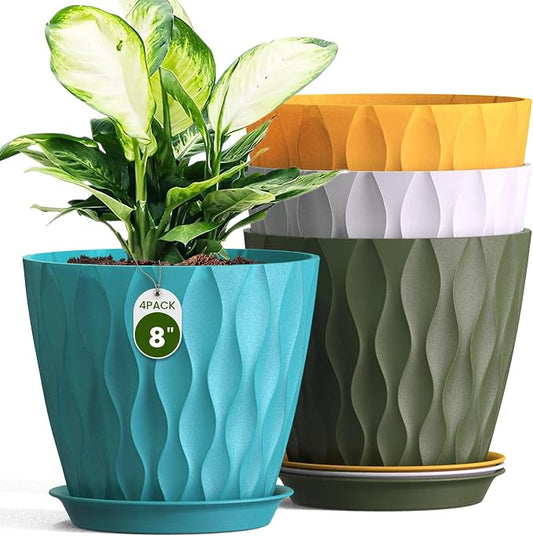 8 Inch Plant Pots 4 Pack Plastic Planters with Drainage & Saucers | 8 inch 4 pack plastic plant pots with 3D water ripple texture, drainage holes and saucers for indoor outdoor plants