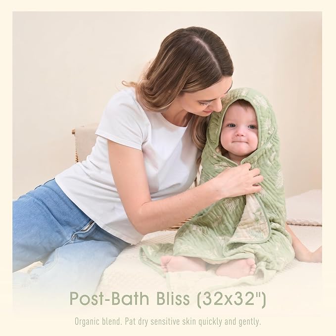 Ultra-Soft Muslin Baby Hooded Towel - 32 x 32 Inches, Ideal for Bath & Beach, Suitable for Both Boys & Girls from Newborns to Toddlers (Sage Green Floral)