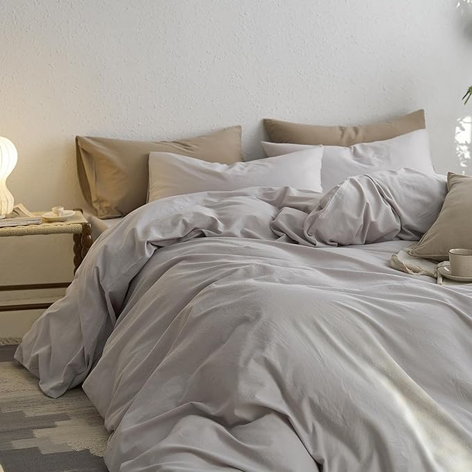 MooMee California King Duvet Cover Set, 100% Washed Cotton Linen Like Twill Thick Sturdy Material Super Soft Breathable Durable Bedding for All Season, 3 Pieces (Light Gray, Cal King 104"x98")