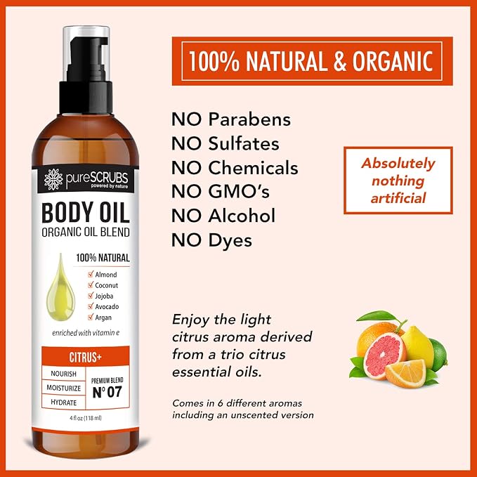 pureSCRUBS Ultra Moisturizing Citrus Body Oil for Dry Skin, 4 oz | Luxurious After Shower Body Oil for Soft, Silky, Glowing Skin, Non-Greasy, Fast Absorbing & Hydrating Formula with Vitamin E