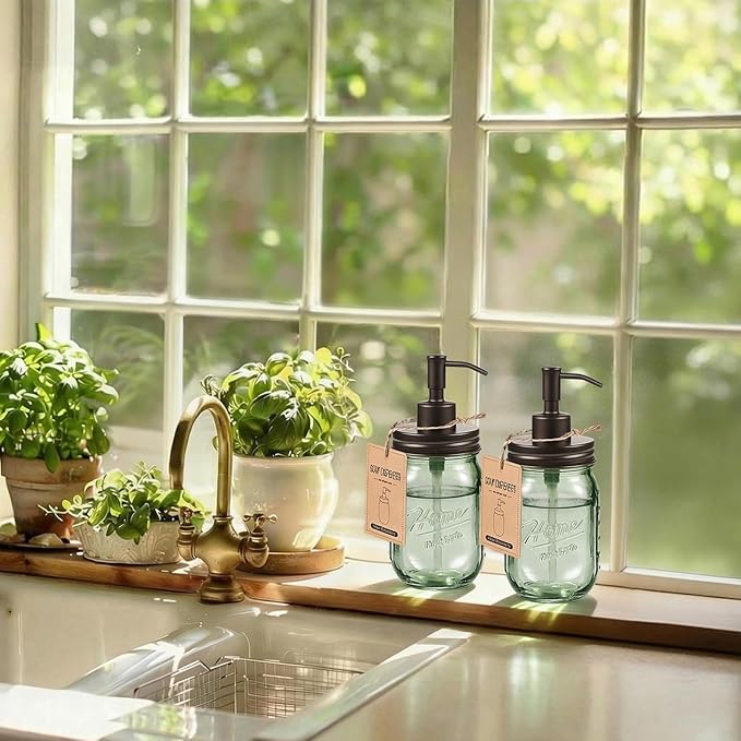 SheeChung Mason Jar Green Glass Soap Dispenser, Stainless Steel Pump, Refillable Dish soap Dispenser for Kitchen, 16Oz Bathroom Hand Soap Dispenser for Lotion, Liquid, Farmhouse Decor-Bronze, 2 Pack