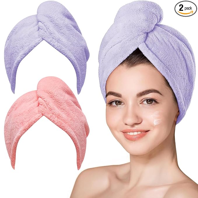 Hicober Microfiber Hair Towel, 2Packs Hair Turbans Wrap for Women Wet Hair, Hair Drying Towels for Curly Hair Anti Frizz(Purple,Pink)