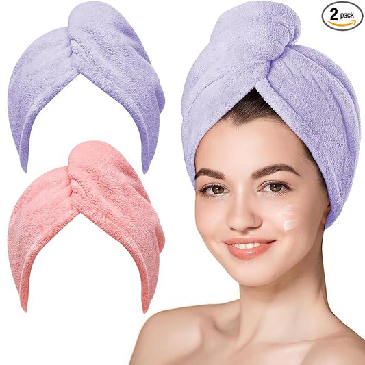 Hicober Microfiber Hair Towel, 2Packs Hair Turbans Wrap for Women Wet Hair, Hair Drying Towels for Curly Hair Anti Frizz(Purple,Pink)