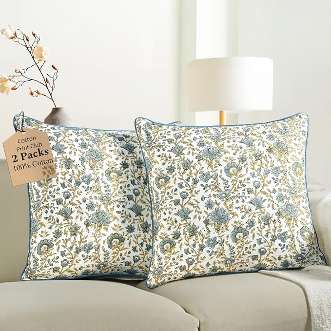 CPC Vintage Garden Blue Block Print Throw Cushion Cover 24 x 24 Inch Set 2 - Decorative Boho Floral Pillow Case for Living Room, Bed, Sofa, Couch, Home Decor Gift for Spring, Mother's Day